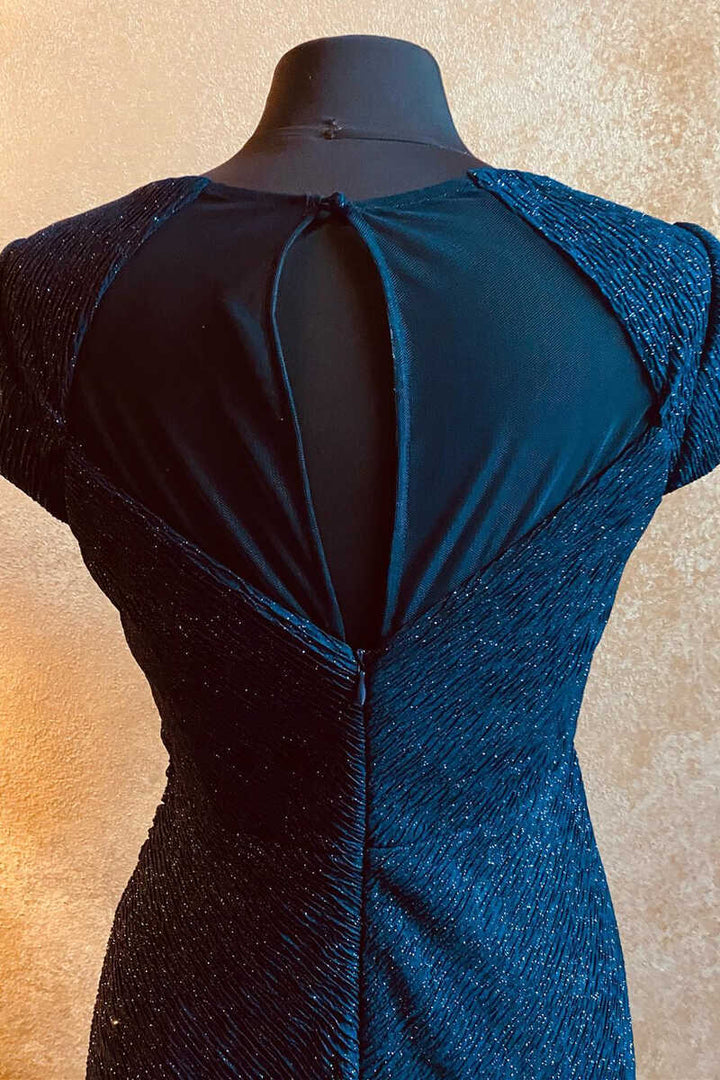 Dark Blue Crew Neck Short Sleeve Ruched Long Mother of the Bride Dress