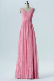 Pink V-Neck Embroideried Double Straps Bridesmaid Dress