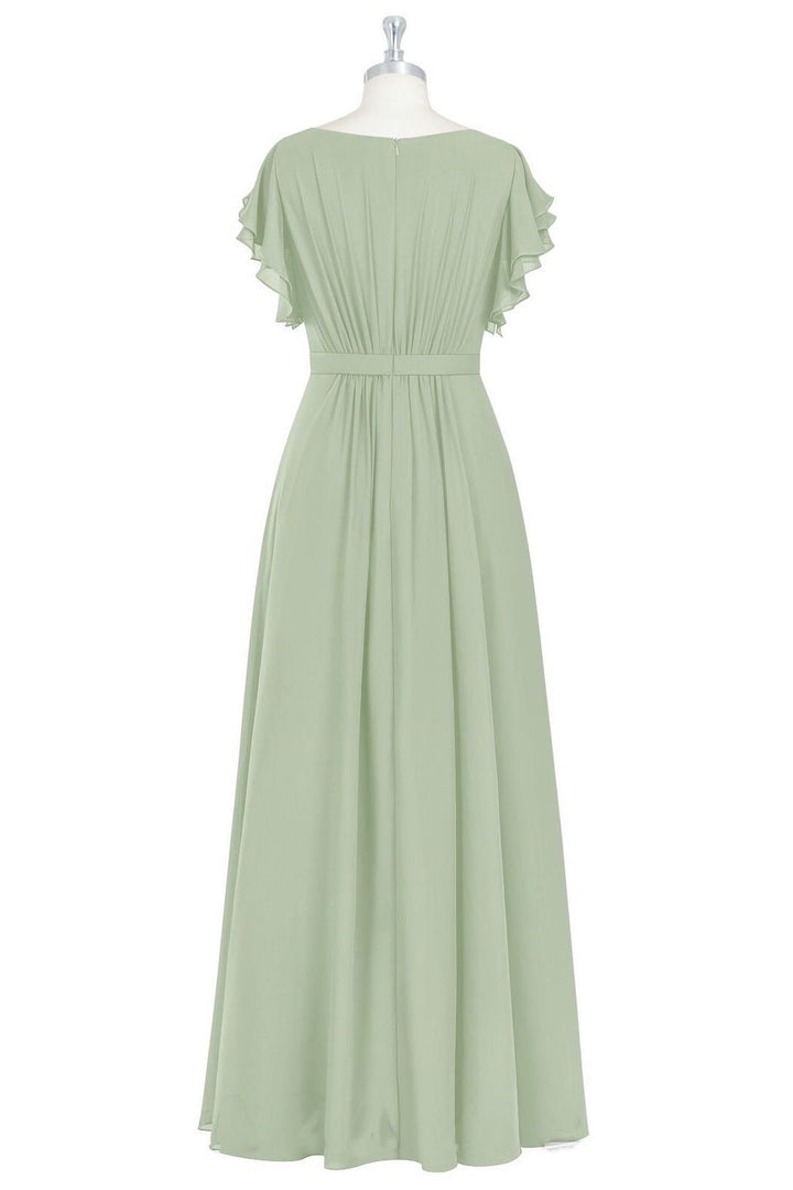 Sage Green Crew Neck Ruffles A-Line Long Bridesmaid Dress