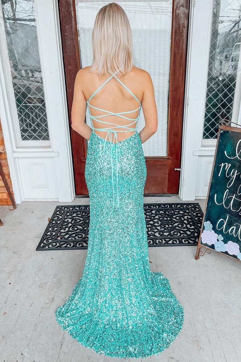 Light Jade Sequin Lace-Up Back Mermaid Long Prom Dress