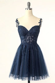 Navy Blue Appliques Sweetheart A-Line Short Homecoming Dress