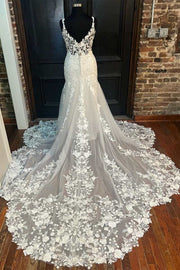 White Floral Lace V-Neck Trumpet Long Wedding Dress