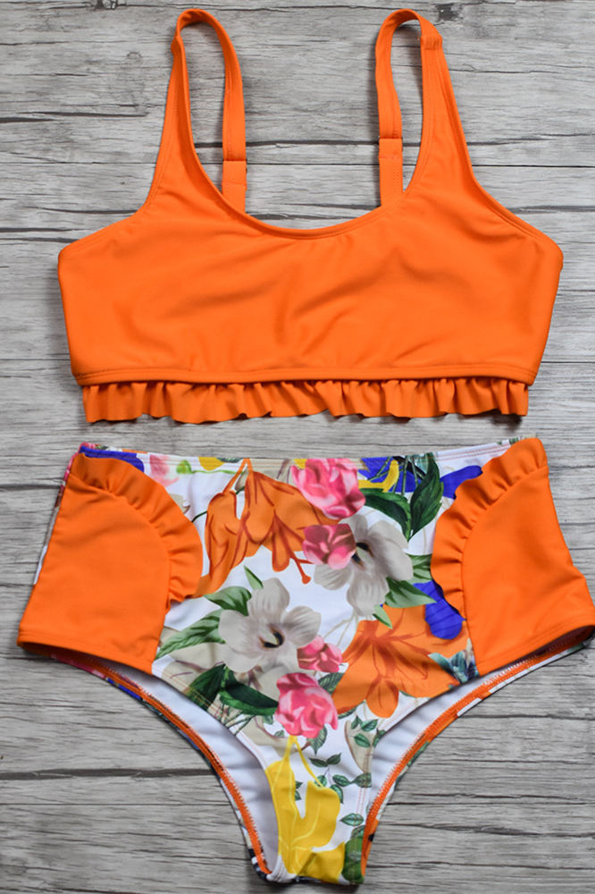 Orange Print High-Waist Ruffled Swimsuit