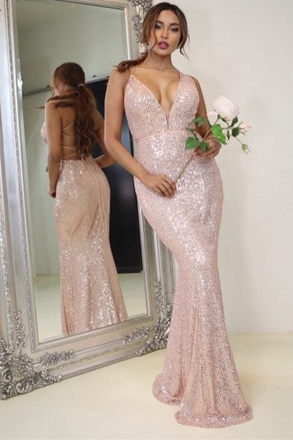 White Sequin V-Neck Mermaid Long Formal Dress