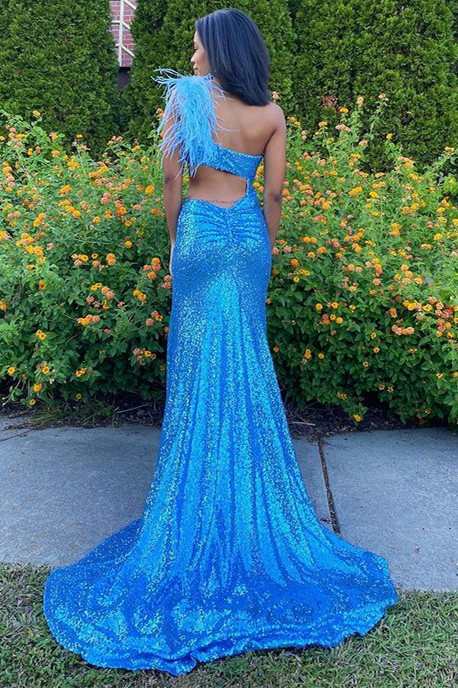 One-Shoulder Sequin Feathers Cutout Mermaid Long Prom Dress