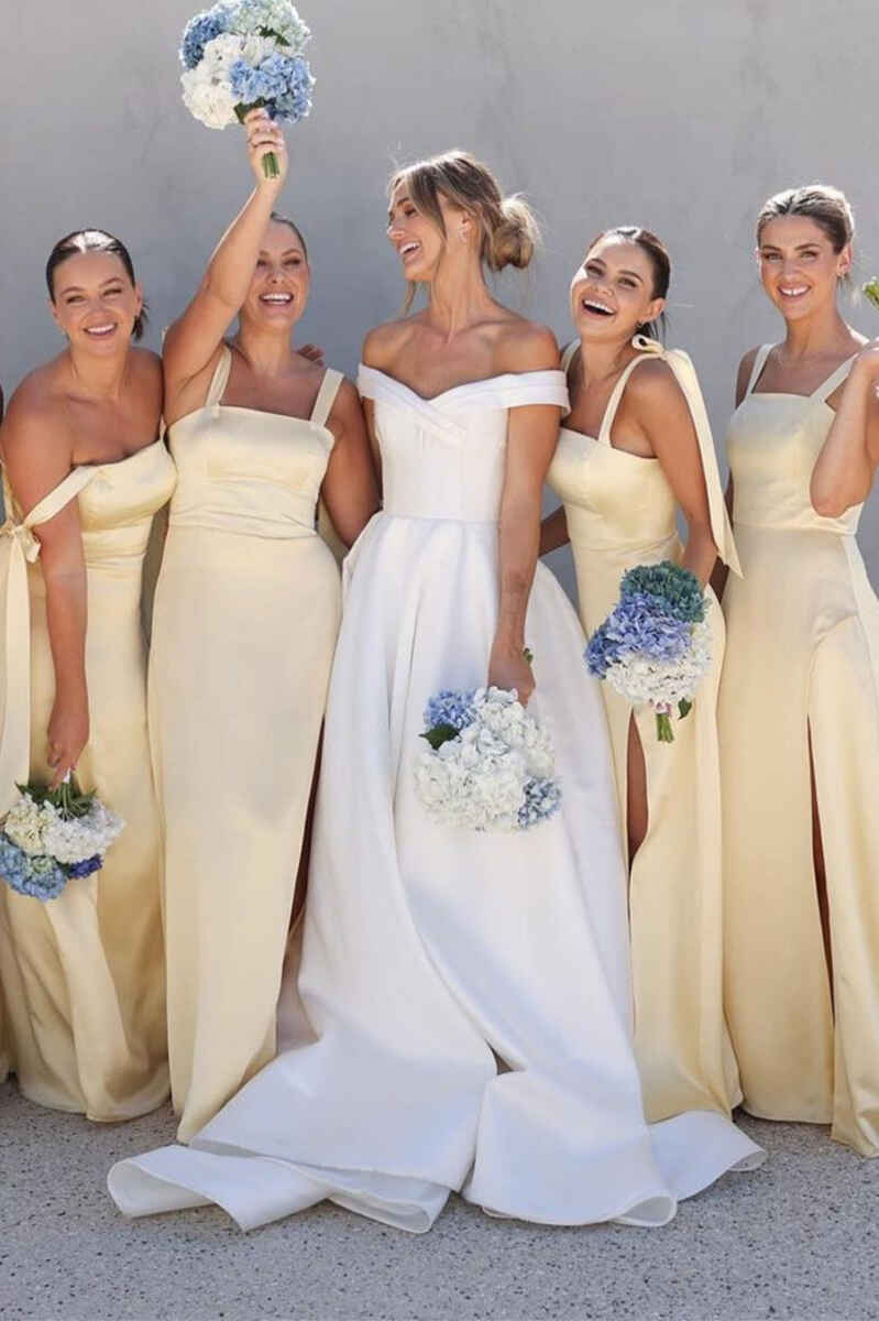 Light Yellow Straps A-Line Bridesmaid Dress with Slit