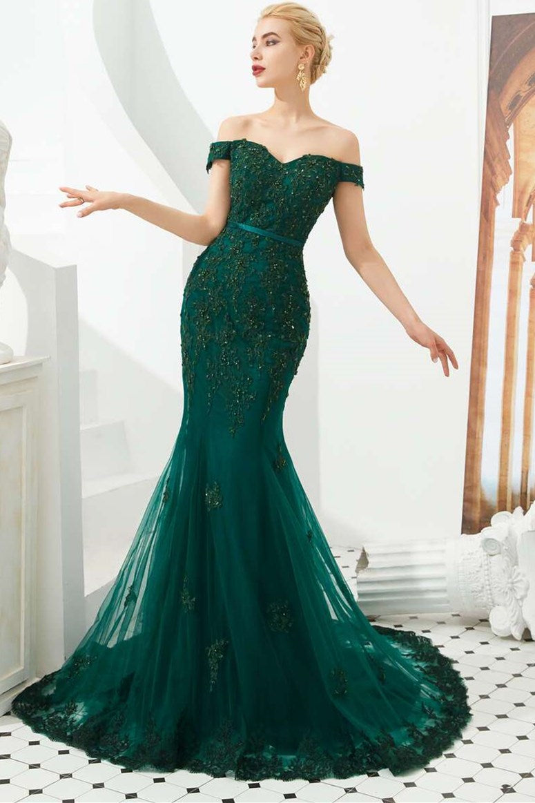 Hunter Green Off-the-Shoulder Appliques Trumpet Long Formal Dress Modsele Hunter Green Off-the-Shoulder Appliques Trumpet Long Formal Dress Modsele