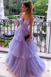 Tiered Lavender Bustier Bow-Back Long Prom Dress