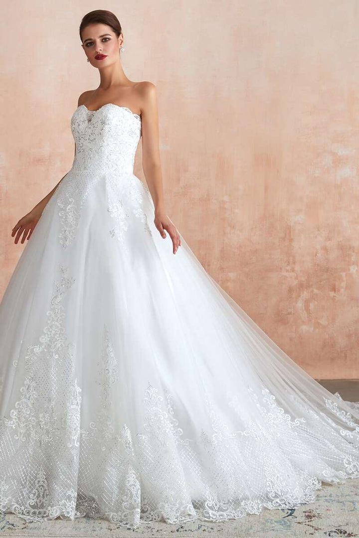 White Lace Strapless A-Line Wedding Dress
