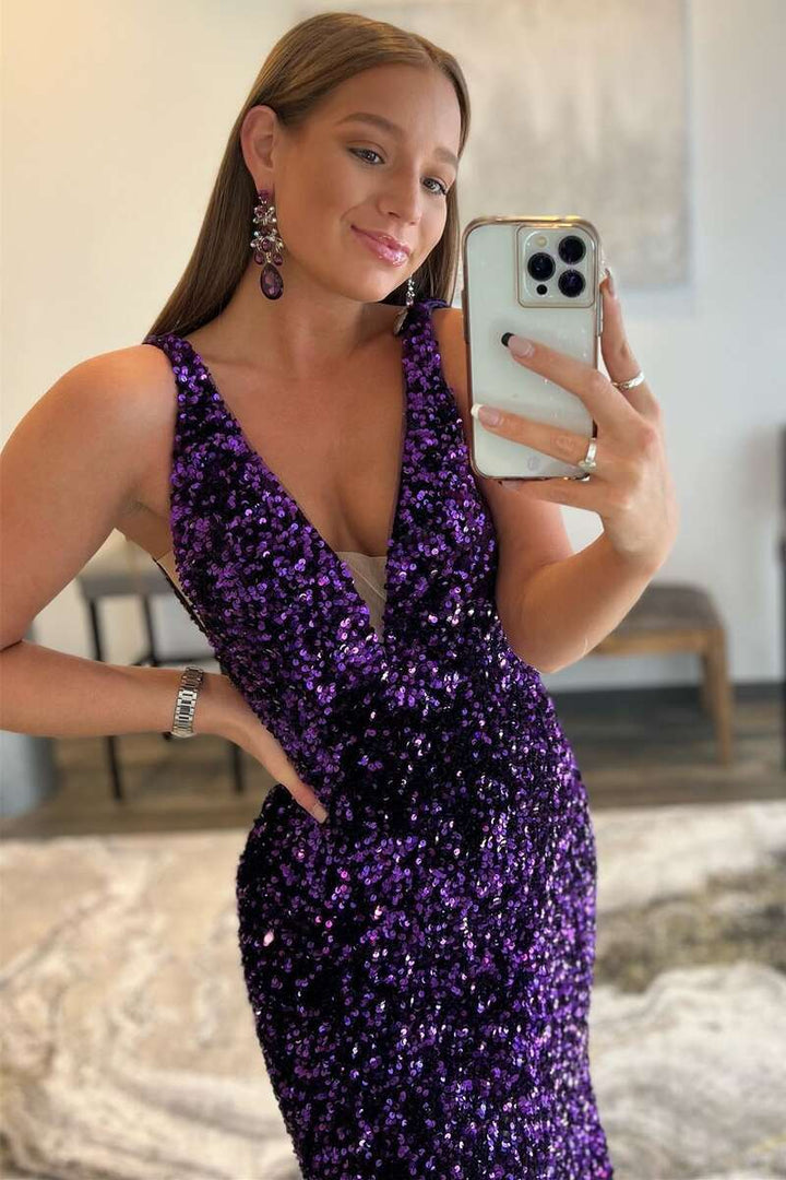 Glitter Plunge Pink Sequin Trumpet Long Formal Dress