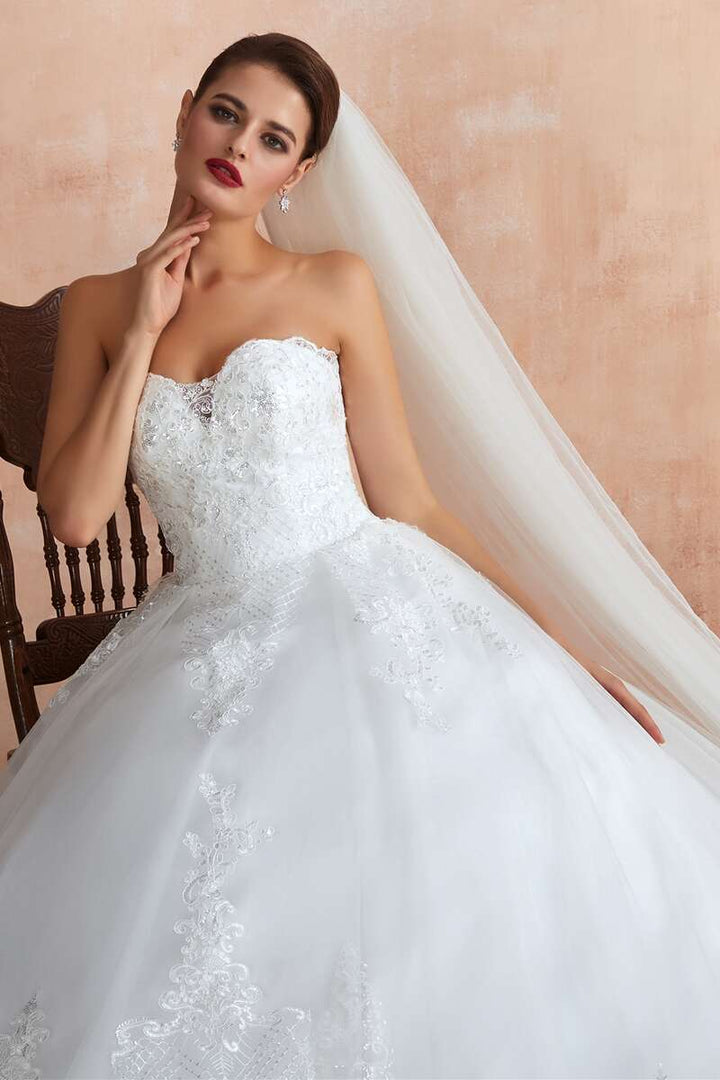 White Lace Strapless A-Line Wedding Dress