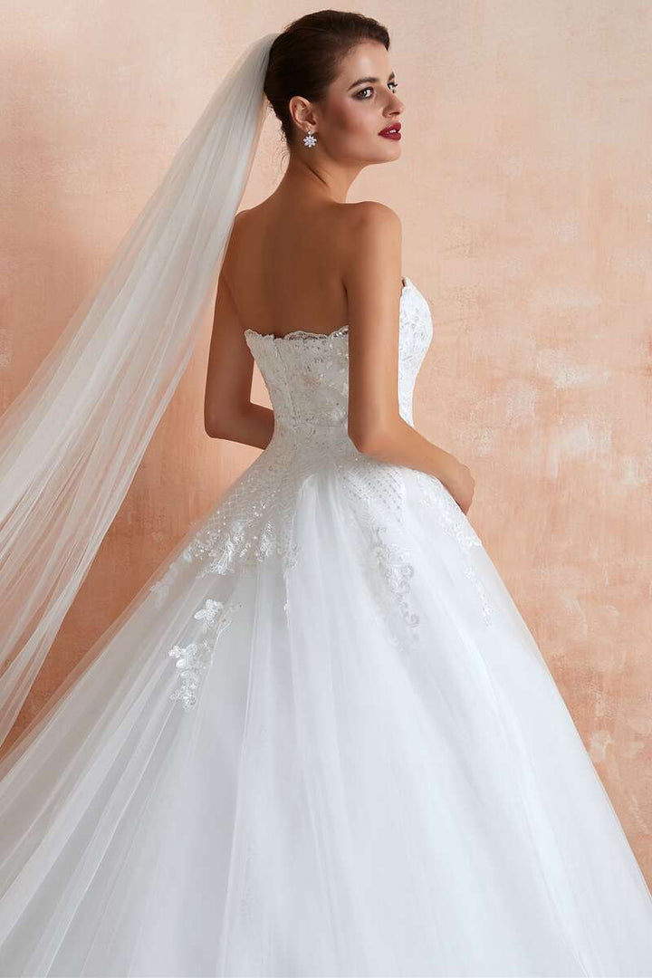 White Lace Strapless A-Line Wedding Dress
