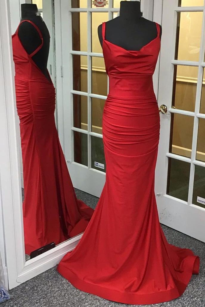 Red Satin Cowl Neck Backless Mermaid Long Prom Dress