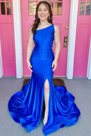 Royal Blue Satin One-Shoulder Trumpet Long Prom Dress
