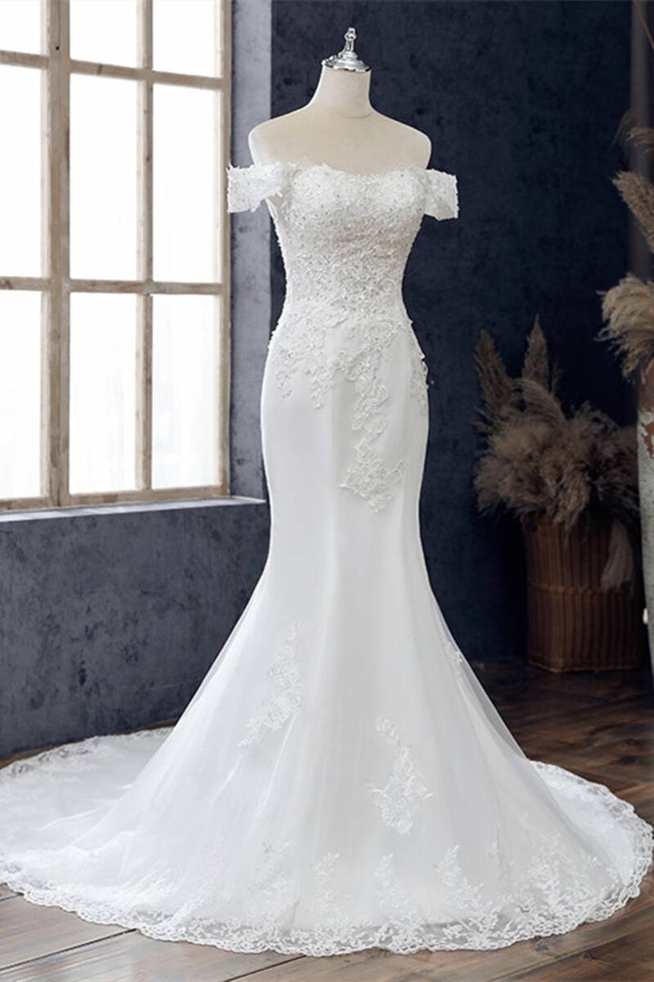 White Lace Off-the-Shoulder Mermaid Wedding Dress