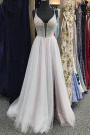 White Tulle Beaded Sleeveless A-Line Prom Dress