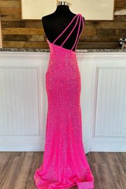 Hot Pink Sequin One-Shoulder Long Prom Dress with Tassels
