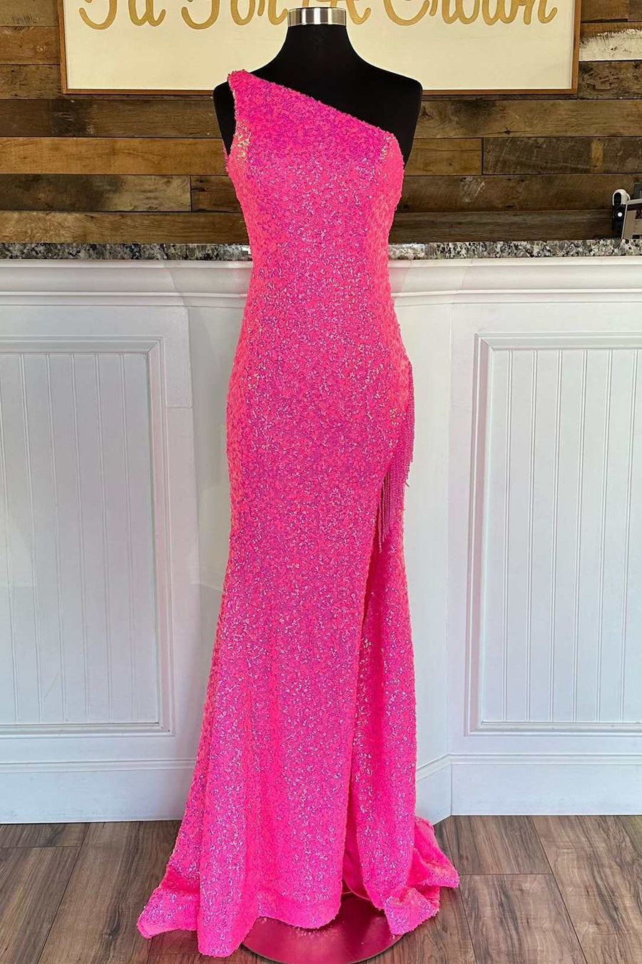 Hot Pink Sequin One-Shoulder Long Prom Dress with Tassels