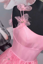 Pink 3D Floral Lace Scoop Neck A-Line Prom Dress