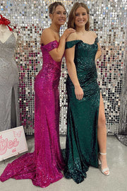 Black Sequin Off-the-Shoulder Mermaid Long Prom Dress with Slit