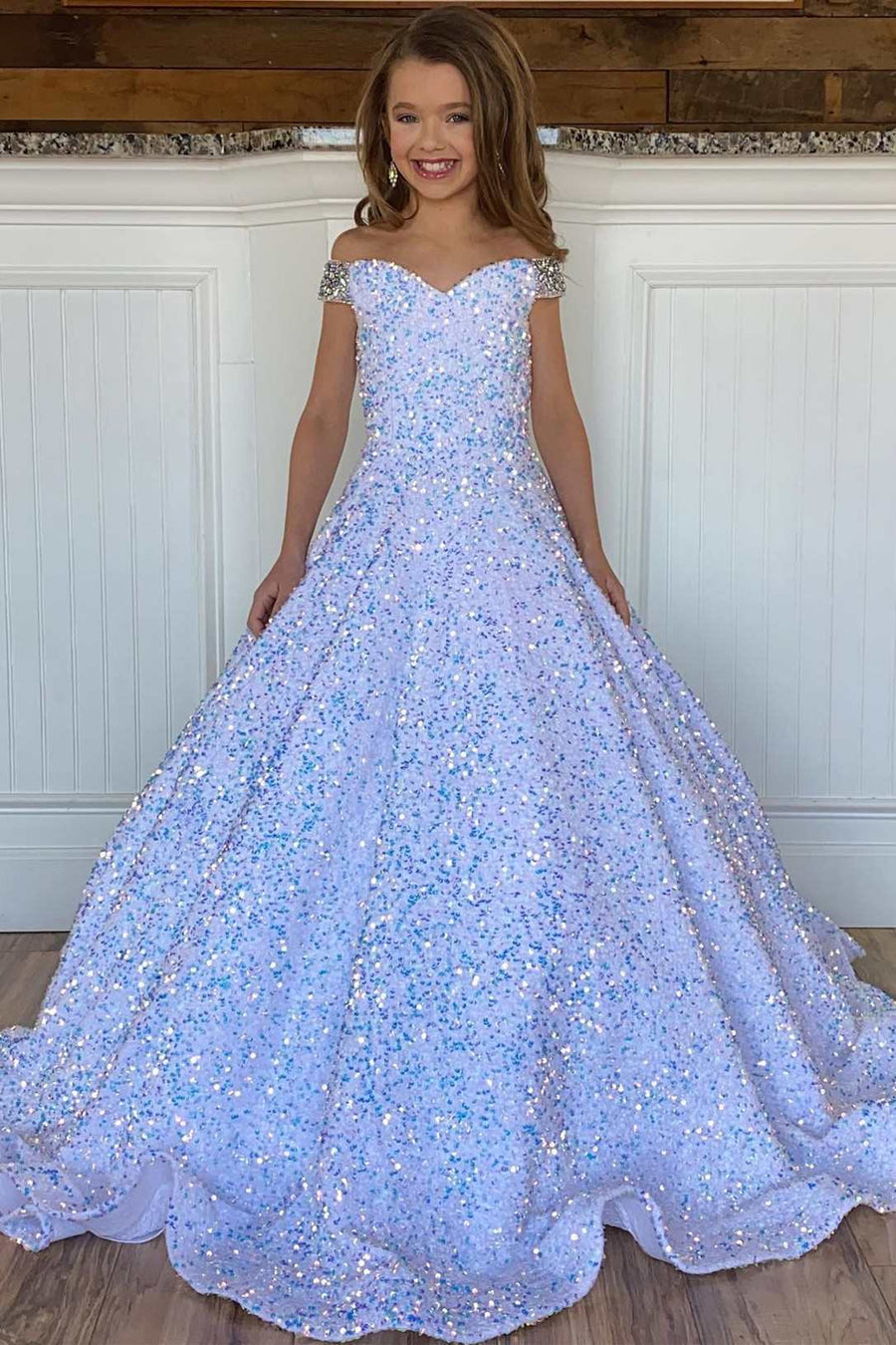 White Iridescent Sequin Beaded Off-the-Shoulder A-Line Girl Pageant Dr Modsele White Iridescent Sequin Beaded Off-the-Shoulder A-Line Girl Pageant Dr Modsele