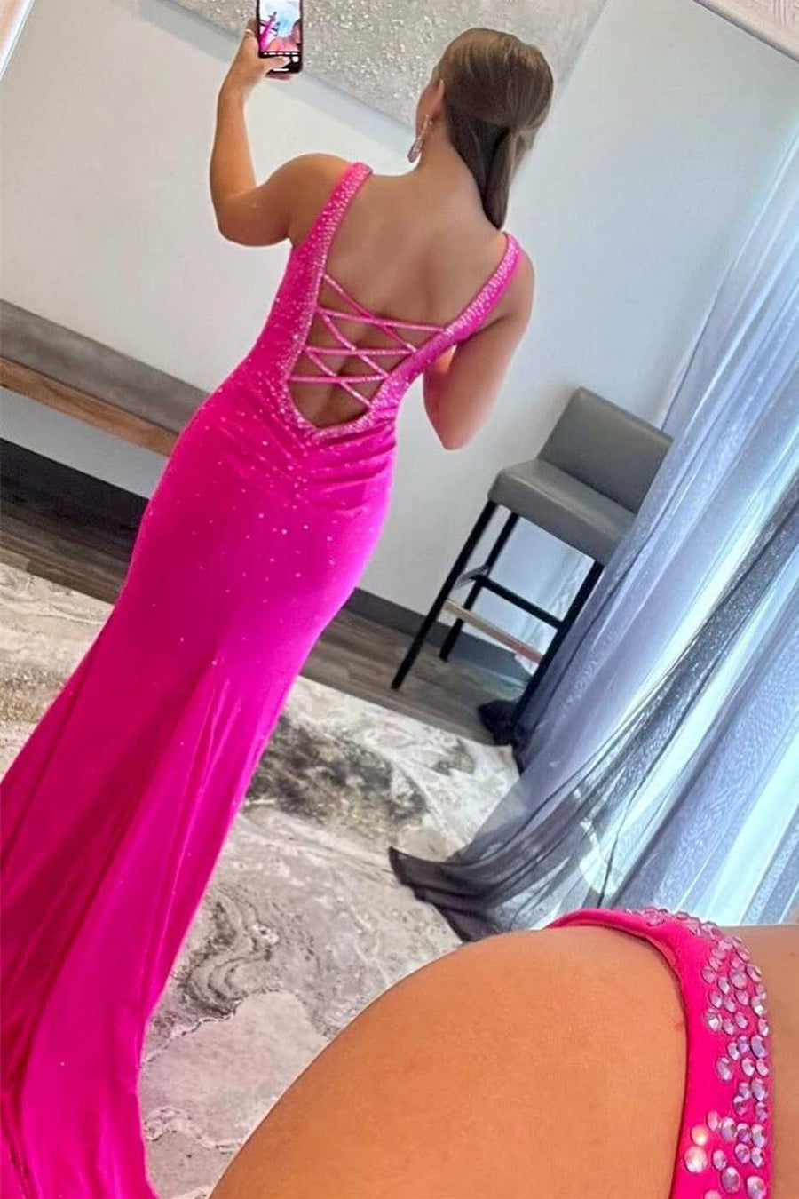 Violet Beaded V-Neck Cross-Back Mermaid Long Prom Dress