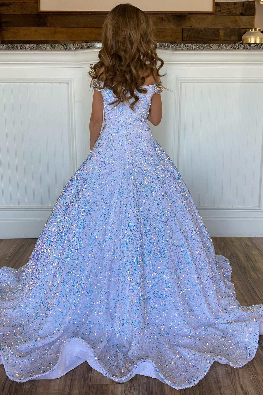 White Iridescent Sequin Beaded Off-the-Shoulder A-Line Girl Pageant Dr Modsele White Iridescent Sequin Beaded Off-the-Shoulder A-Line Girl Pageant Dr Modsele