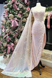 Pink Sequin Lace Sweetheart High-Low Prom Dress with Attached Train