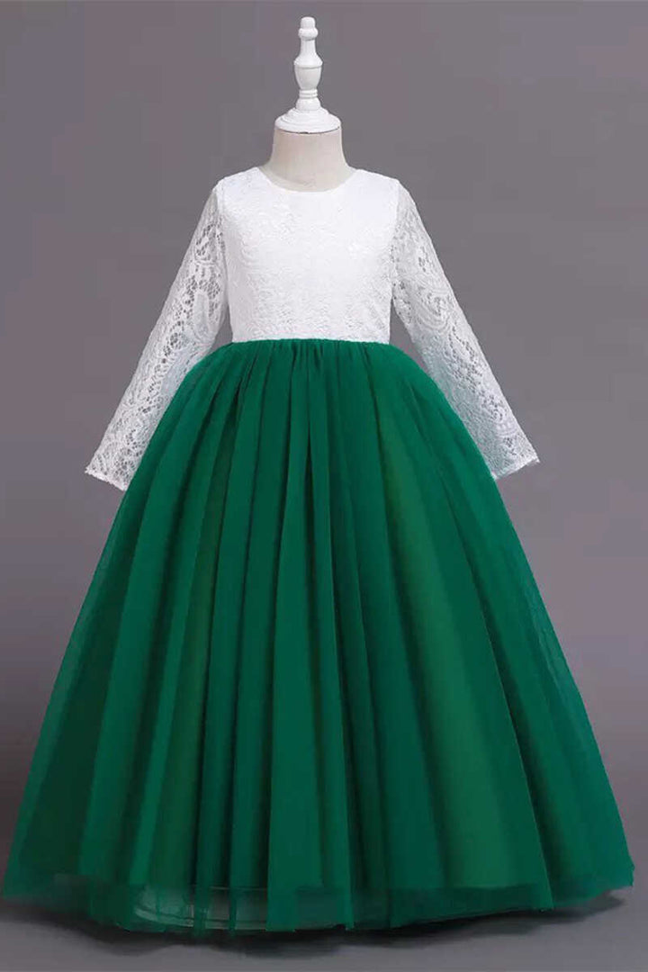White and Pink Lace Long Sleeve A-Line Flower Girl Dress