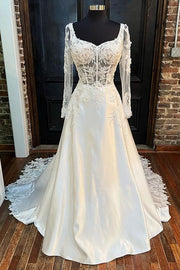 White Queen Anne Long Sleeve A-Line Wedding Dress