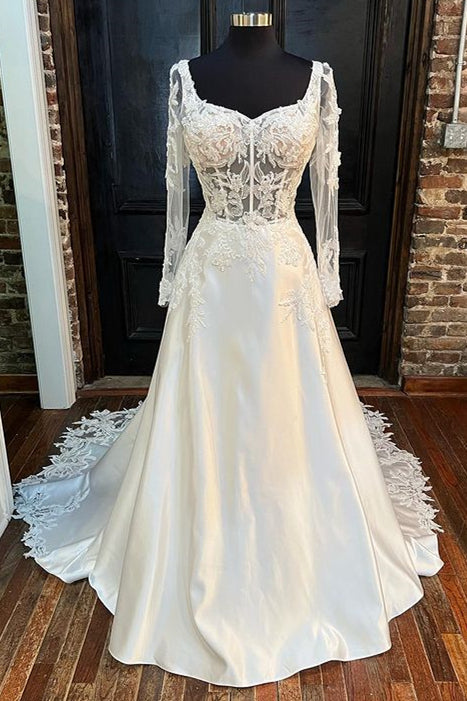 queen anne a line wedding dress 3906: Lace and Tulle Ball Gown with Queen Anne Neckline