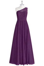 Purple Lace One-Shoulder A-Line Long Bridesmaid Dress with Slit
