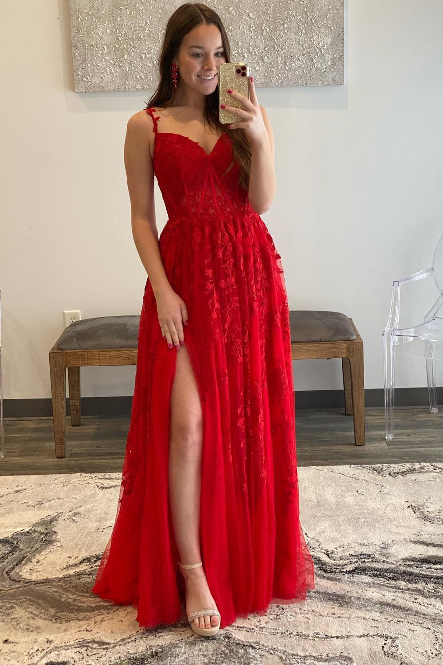 Red Floral Lace Applique Side Slit Long Formal Dress Modsele Red Floral Lace Applique Side Slit Long Formal Dress Modsele