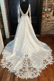 White Queen Anne Long Sleeve A-Line Wedding Dress