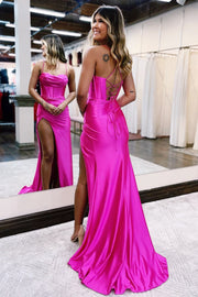 Fuchsia Lace-Up Back Pleated Satin Long Prom Dress with Slit