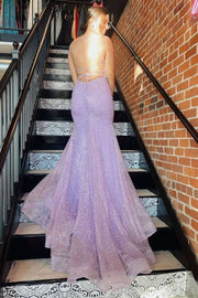 Lavender Sequins Square Lace-Up Back Mermaid Long Prom Dress