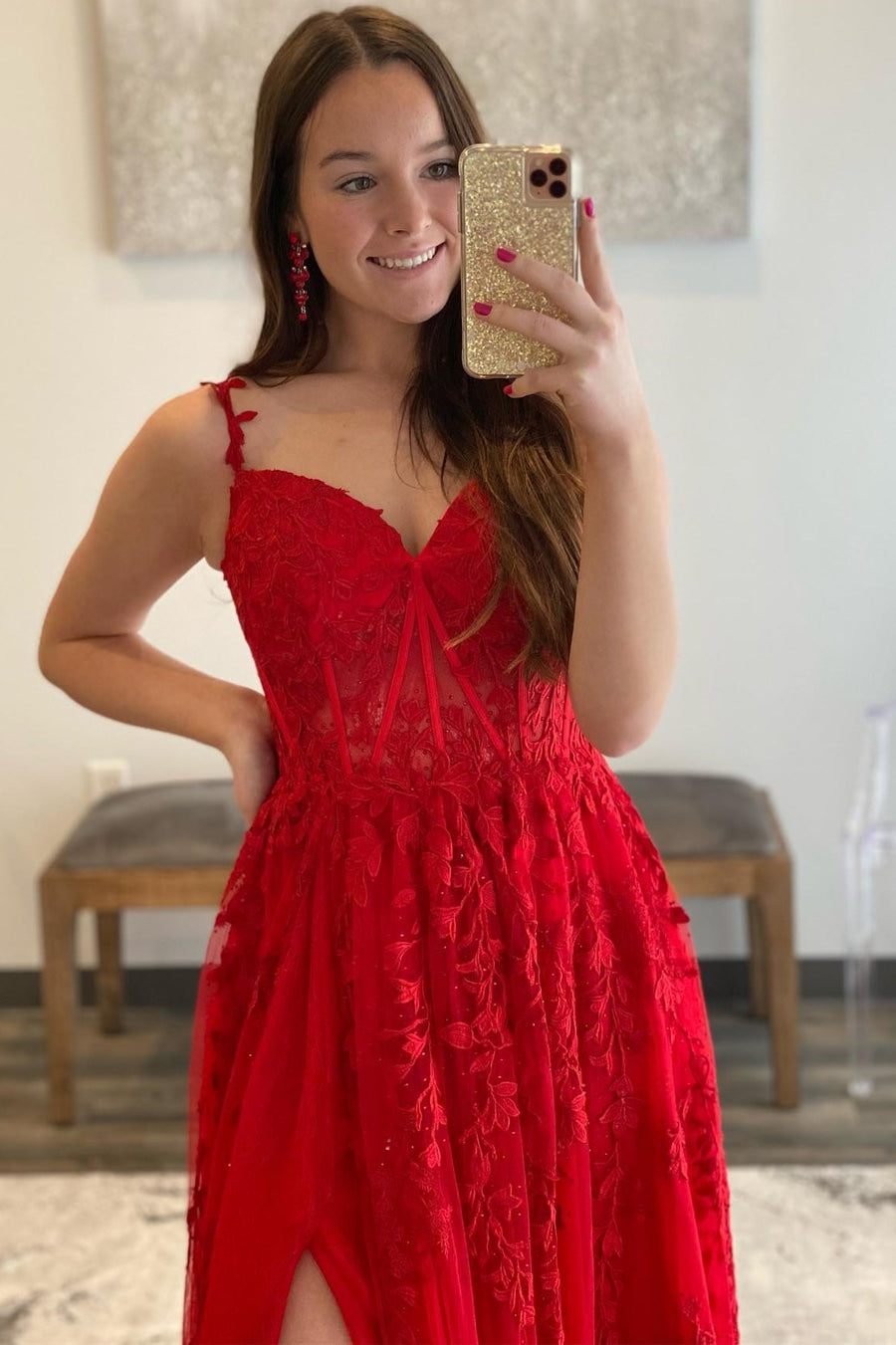 Red Floral Lace Applique Side Slit Long Formal Dress