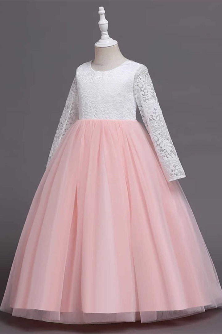 White and Pink Lace Long Sleeve A-Line Flower Girl Dress