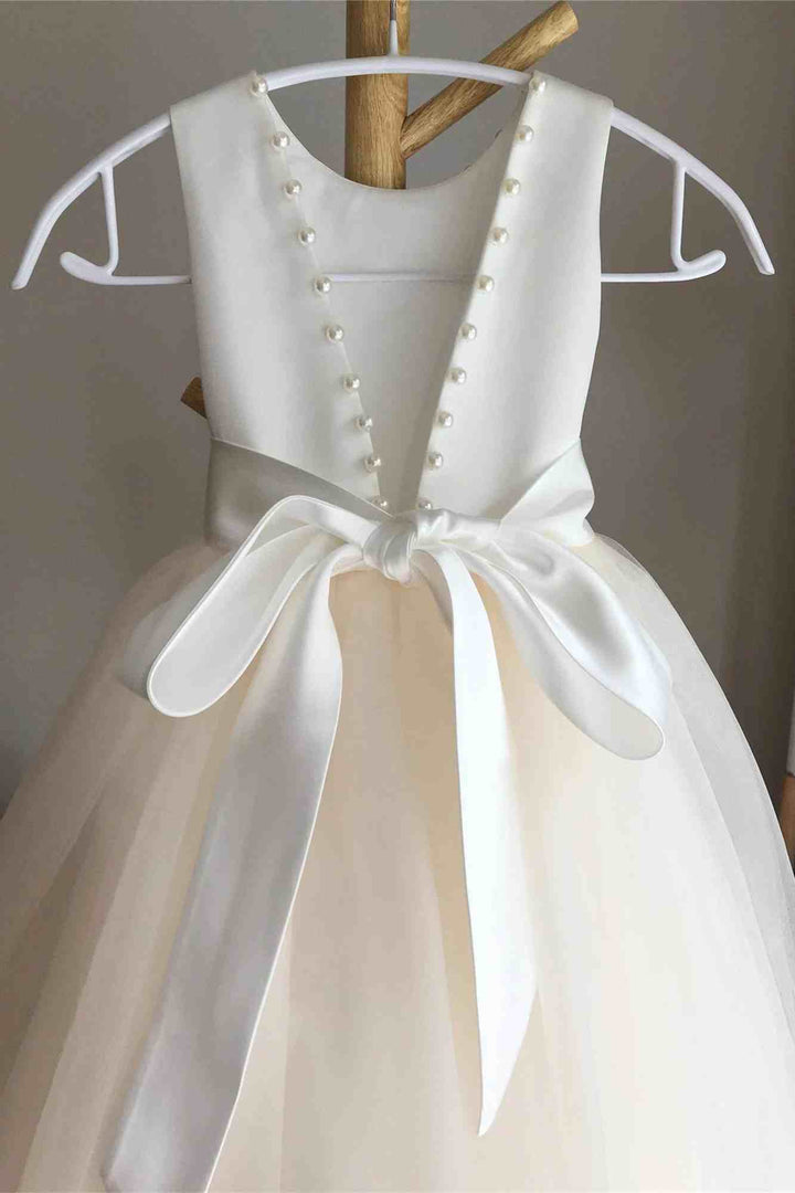 White Sleeveless Open Back Pearls Girl Party Dress