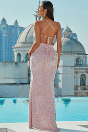 Pink Iridescent Sequin Plunge V Lace-Up Long Prom Dress