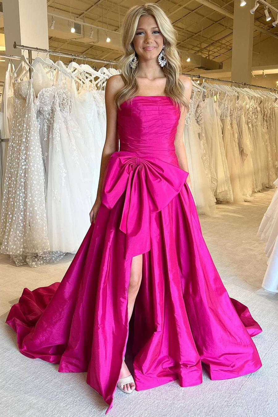 Neon Pink Strapless A-Line Prom Dress with Bow Modsele Neon Pink Strapless A-Line Prom Dress with Bow Modsele