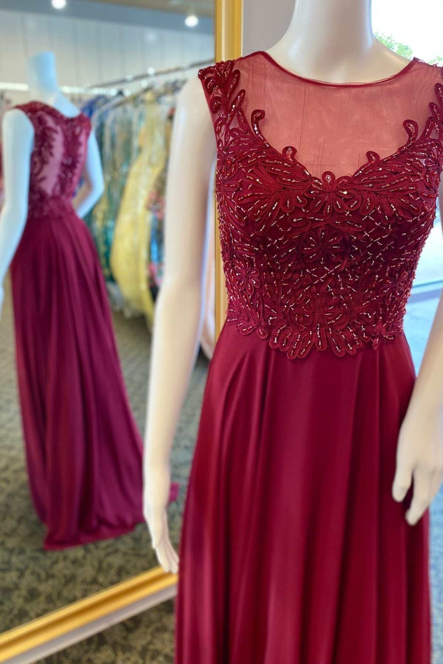 Wine Red Appliques Round Neck A-Line Formal Dress