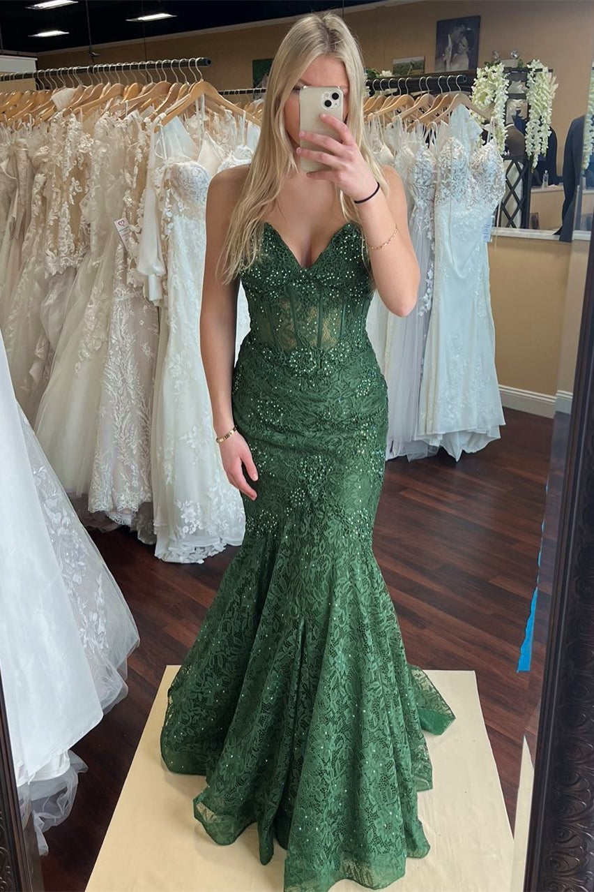 Green Lace V-Neck Trumpet Long Prom Dress – Modsele