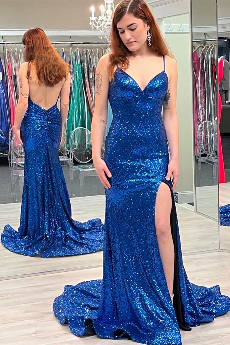 Ocean Blue Sequin V-Neck Backless Mermaid Long Prom Gown with Slit
