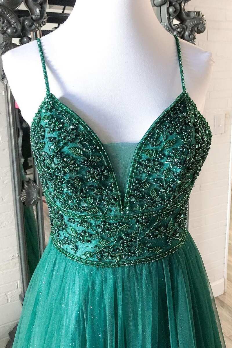 Green Beaded Lace-Up A-Line Prom Dress