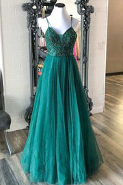 Green Beaded Lace-Up A-Line Prom Dress