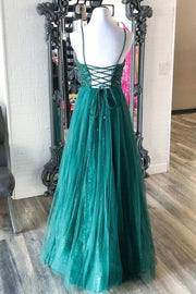Green Beaded Lace-Up A-Line Prom Dress