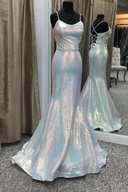 Silver Multi Sequin Lace-Up Mermaid Long Prom Dress