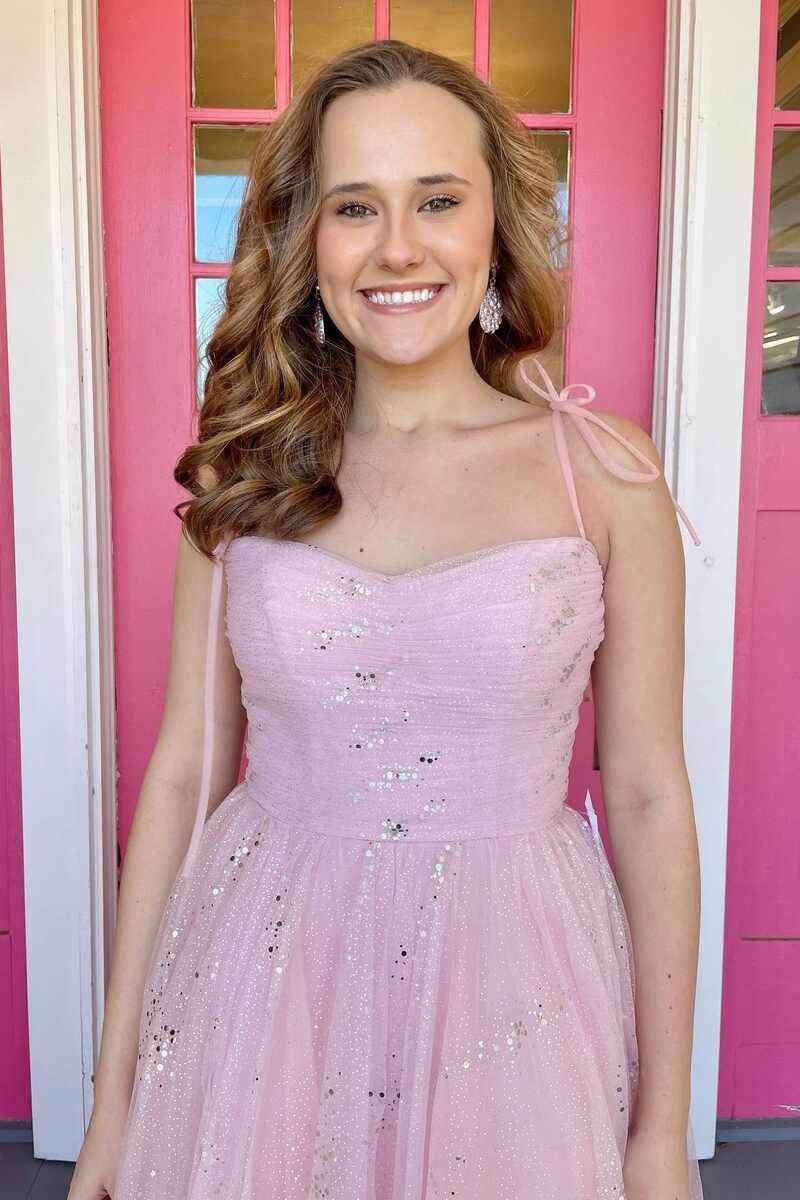 Sparkle Pink Tying Straps A-line Prom Dress