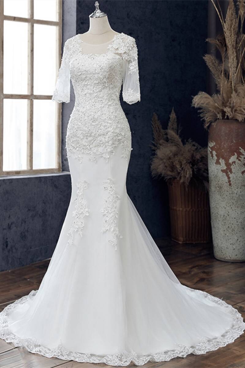 White Appliqués Jewel Half Sleeve Mermaid Wedding Dress